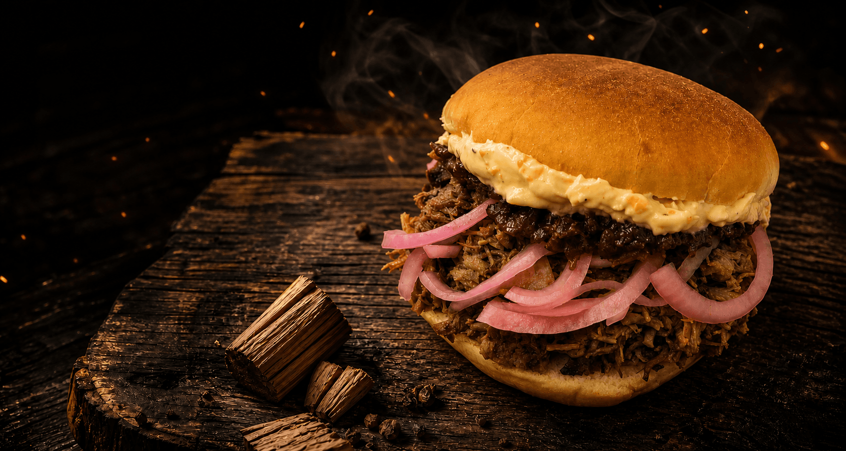 The Boss barbecue sandwich with smoked meat and pickled onions