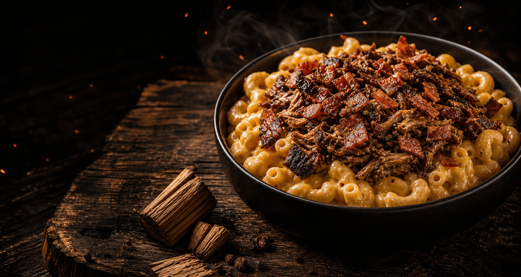 Smoked brisket over creamy macaroni and cheese on a rustic table